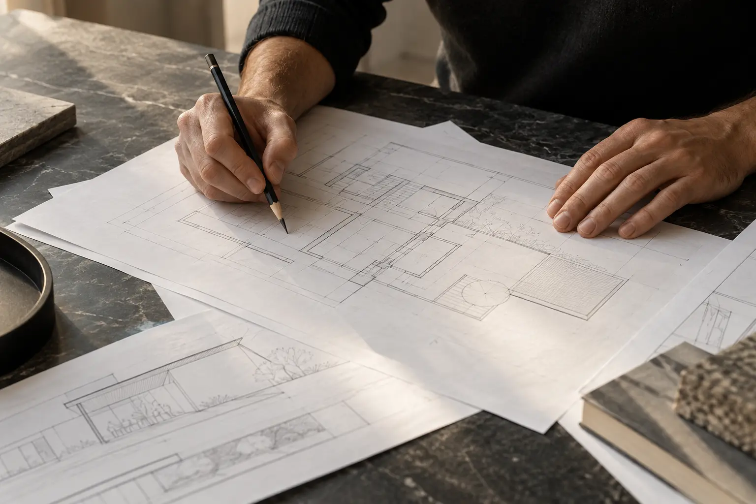 Mãos desenhando um projeto arquitetônico