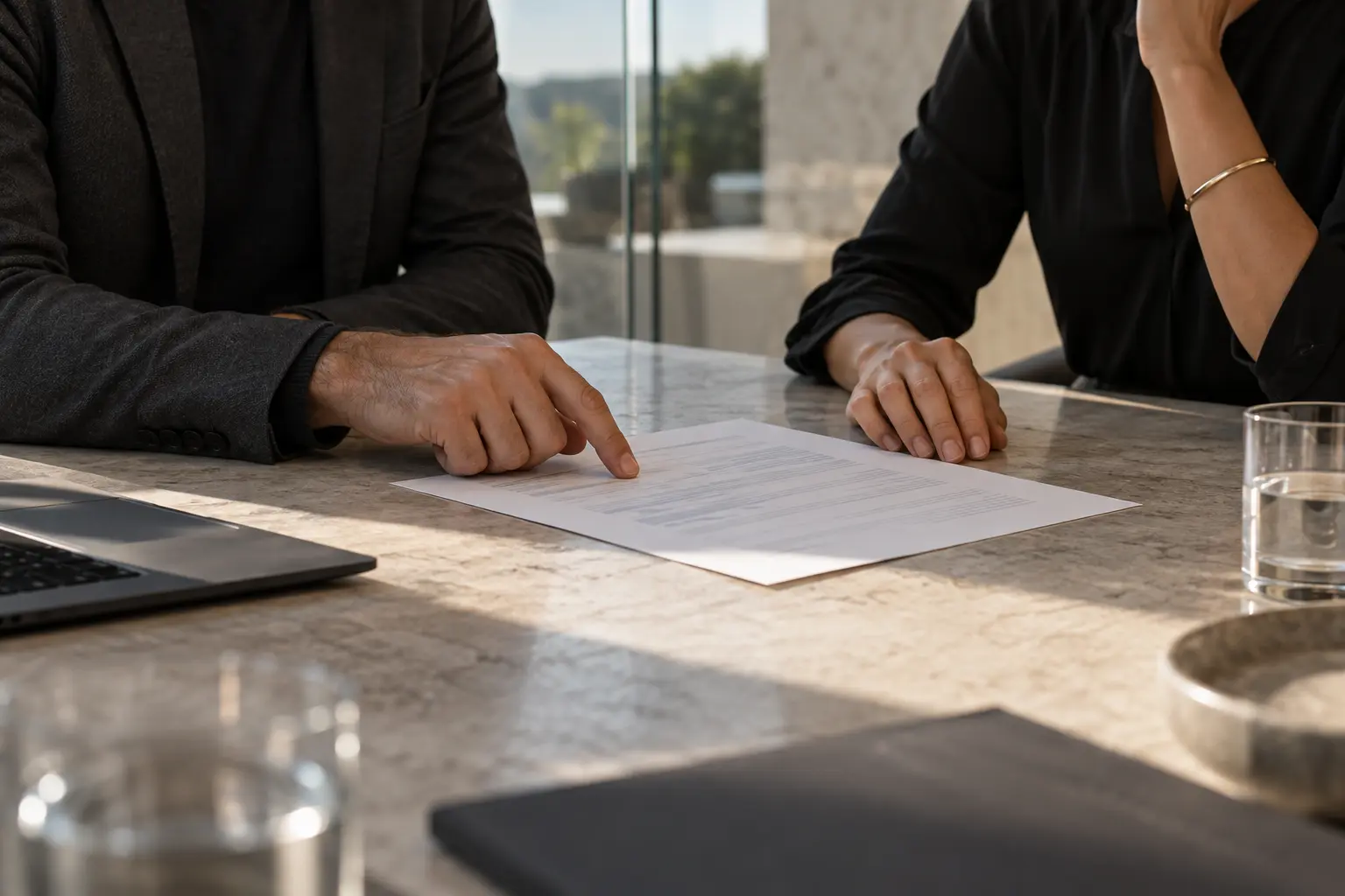 Profissionais analisando um documento em uma mesa de reunião